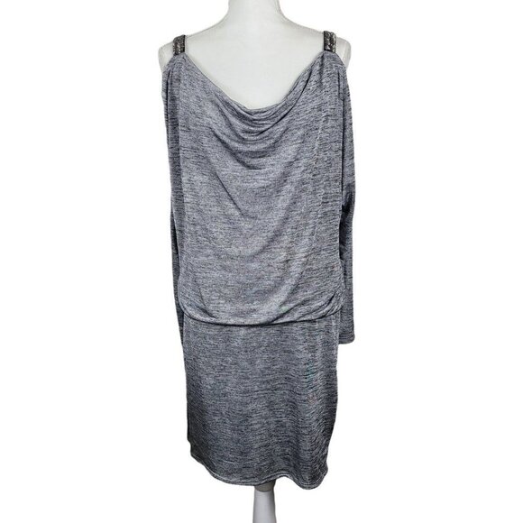 WHBM Small Cold Shoulder Silver Jersey Dress Beaded Shoulders Blouson Heathered - Picture 1 of 5